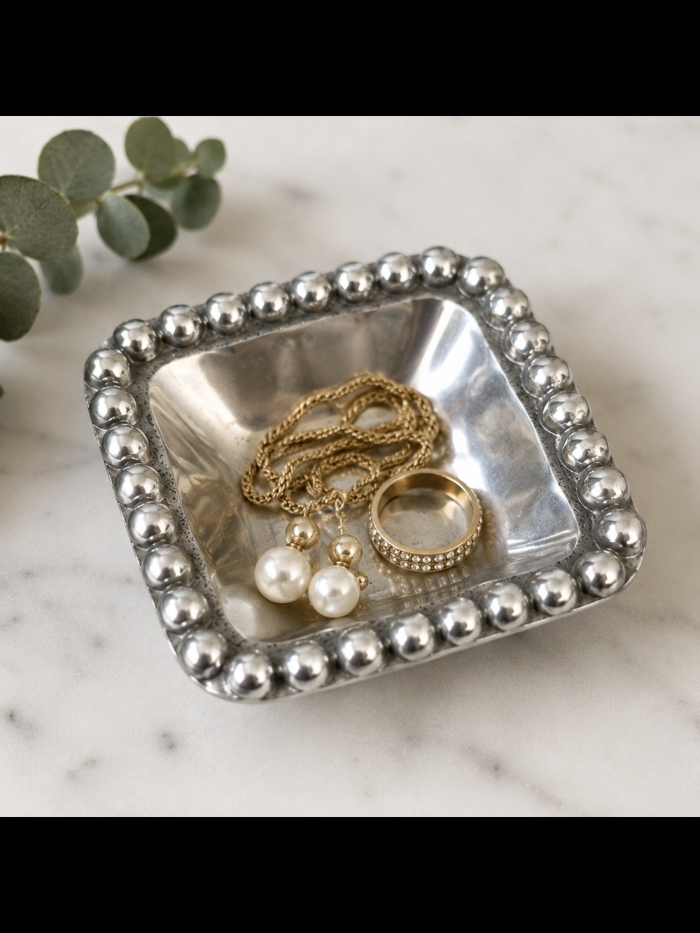 Silver-Tone Beaded Square Nut Dish | Trinket Tray | Jewelry Holder | 4" Decor